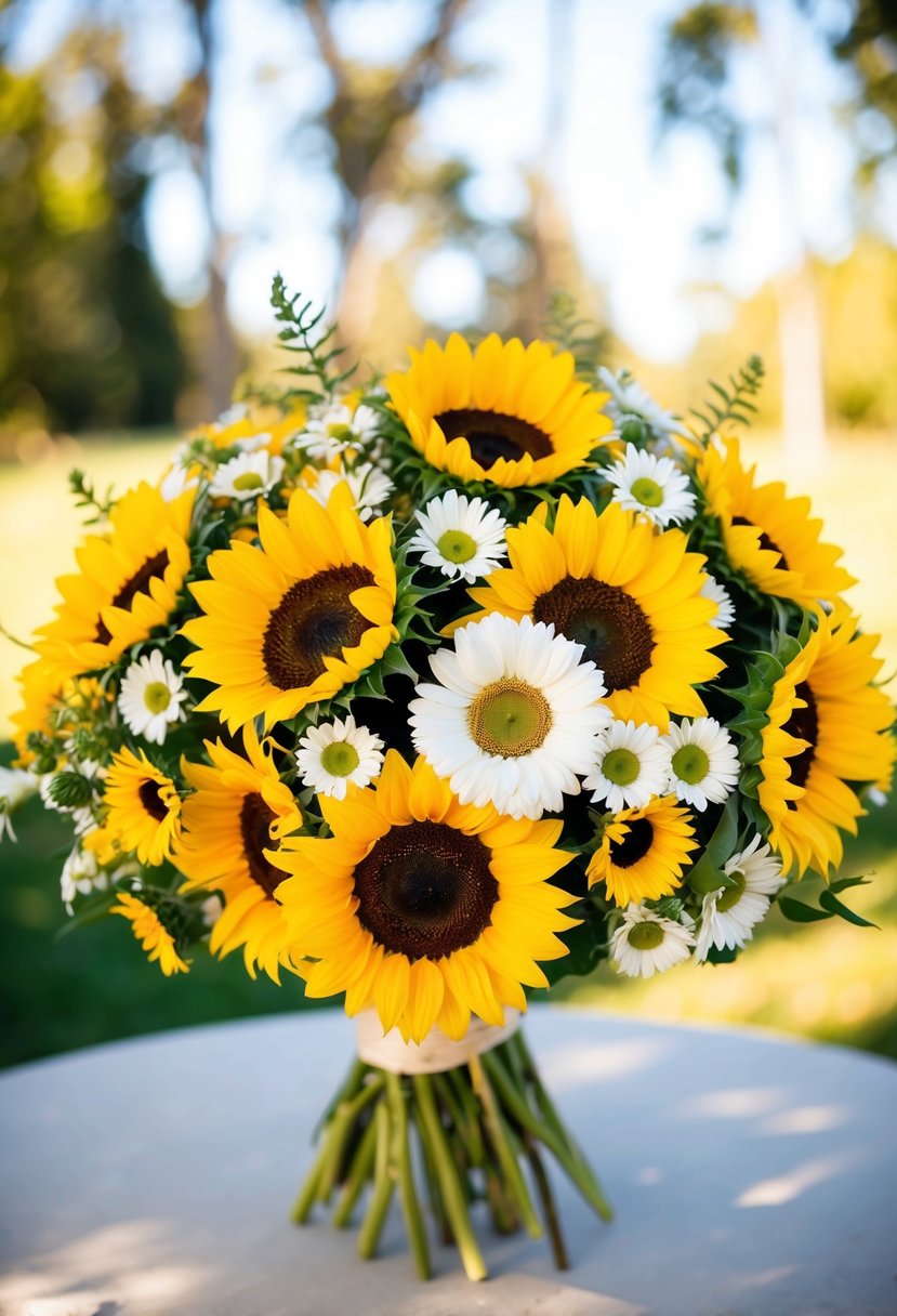 A vibrant mix of sunflowers and daisies arranged in a yellow wedding bouquet, basking in the sunlight