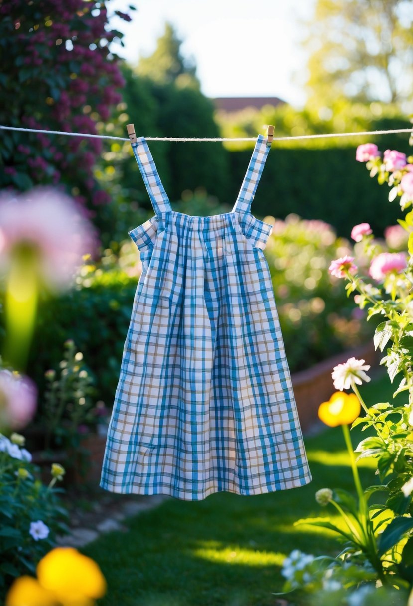 A plaid pattern sundress hanging on a clothesline in a sunny garden with blooming flowers