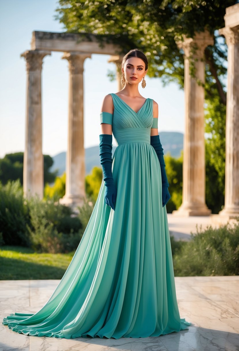 A flowing Grecian-style dress paired with matching arm warmers and gloves, set against a backdrop of ancient Greek columns and lush greenery