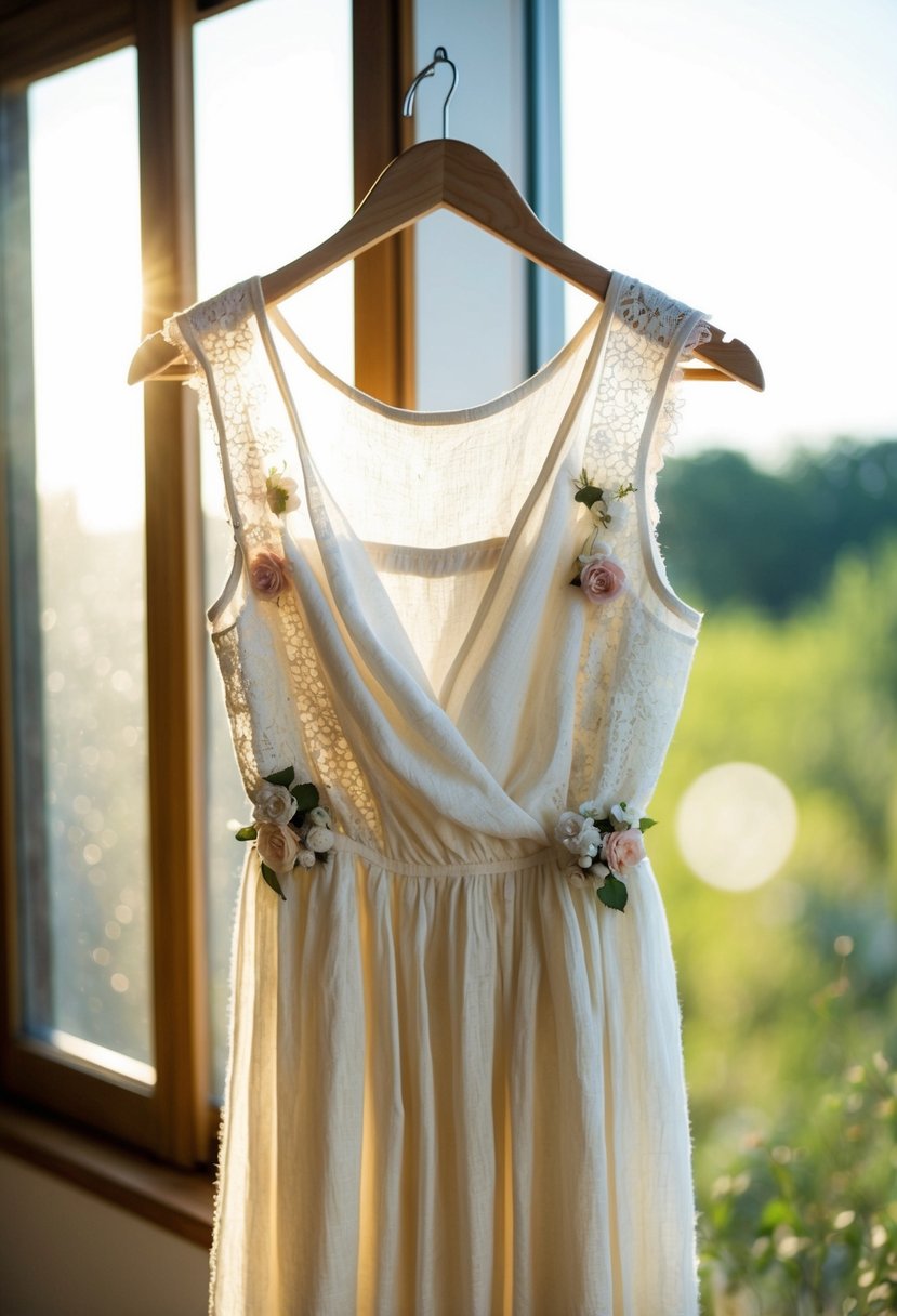 A soft, flowing linen dress hangs from a wooden hanger, adorned with delicate lace and floral accents. Sunshine filters through a window, casting a warm glow on the fabric