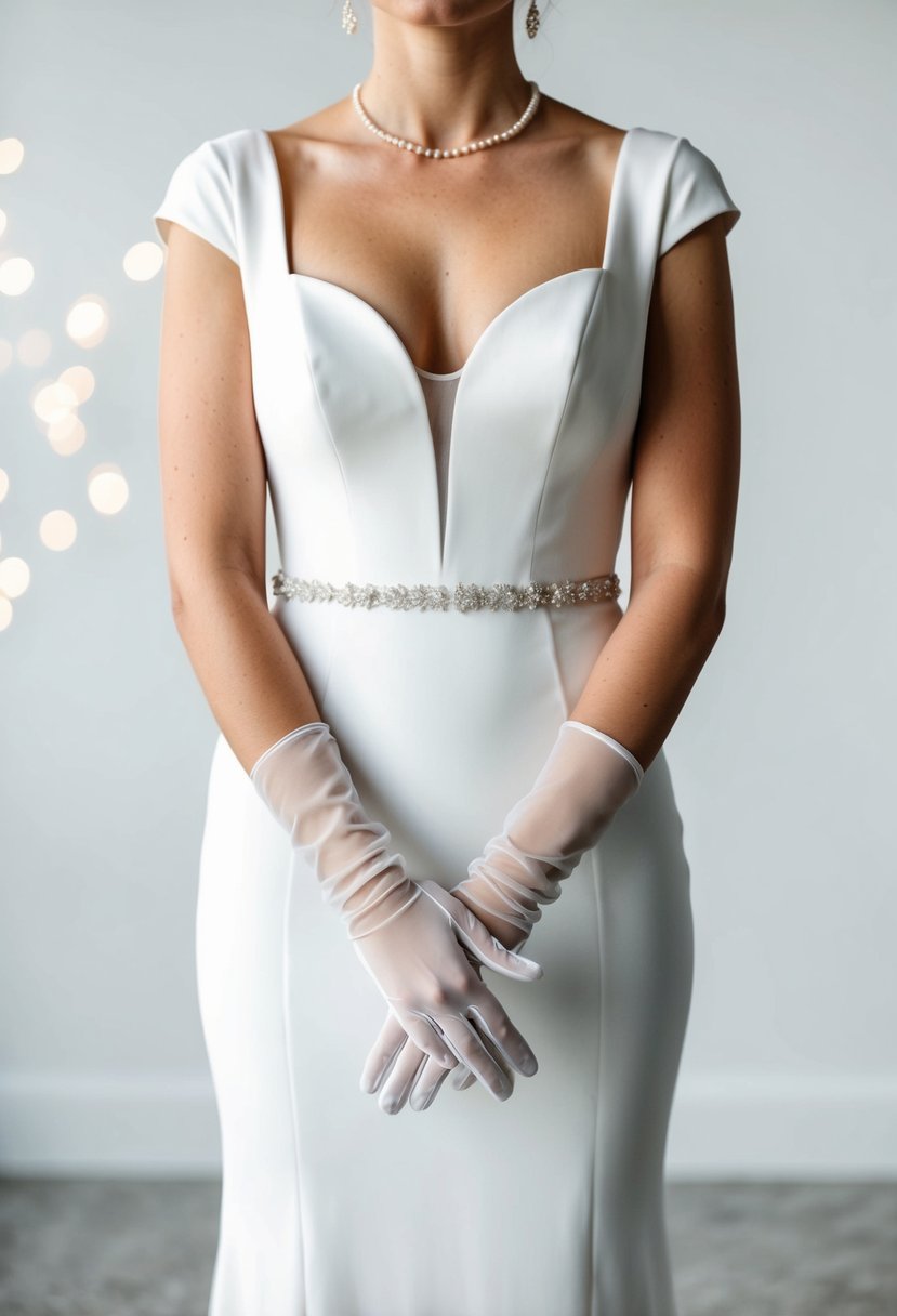 A white wedding dress with sheer gloves on a minimalist background