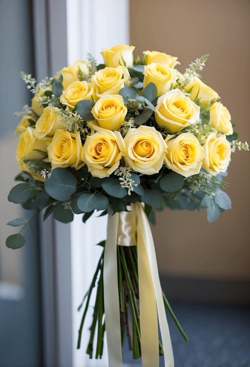 A cascading bouquet of charming yellow roses, accented with delicate greenery, held together with a satin ribbon