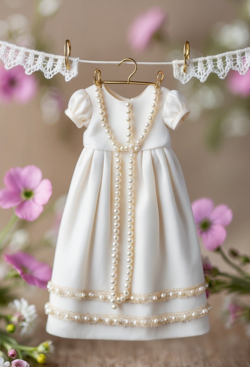 A delicate bishop dress adorned with pearls hangs on a miniature clothesline, surrounded by tiny floral accents and lace trim