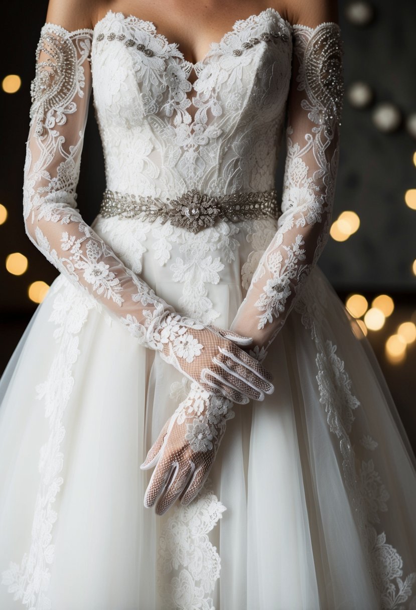 A lace wedding dress with long, fingerless gloves, adorned with contemporary embellishments and intricate detailing