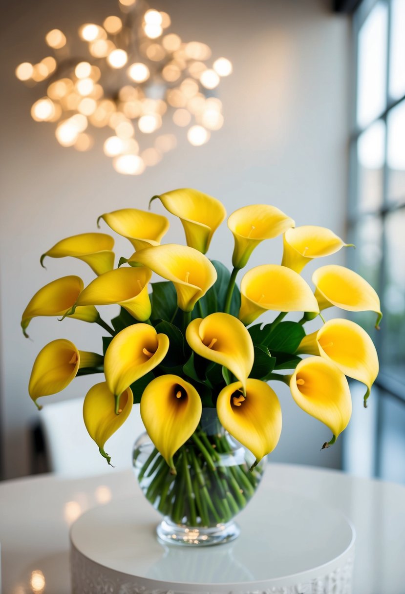 A vibrant yellow Calla Lily bouquet arranged in an elegant and sophisticated manner