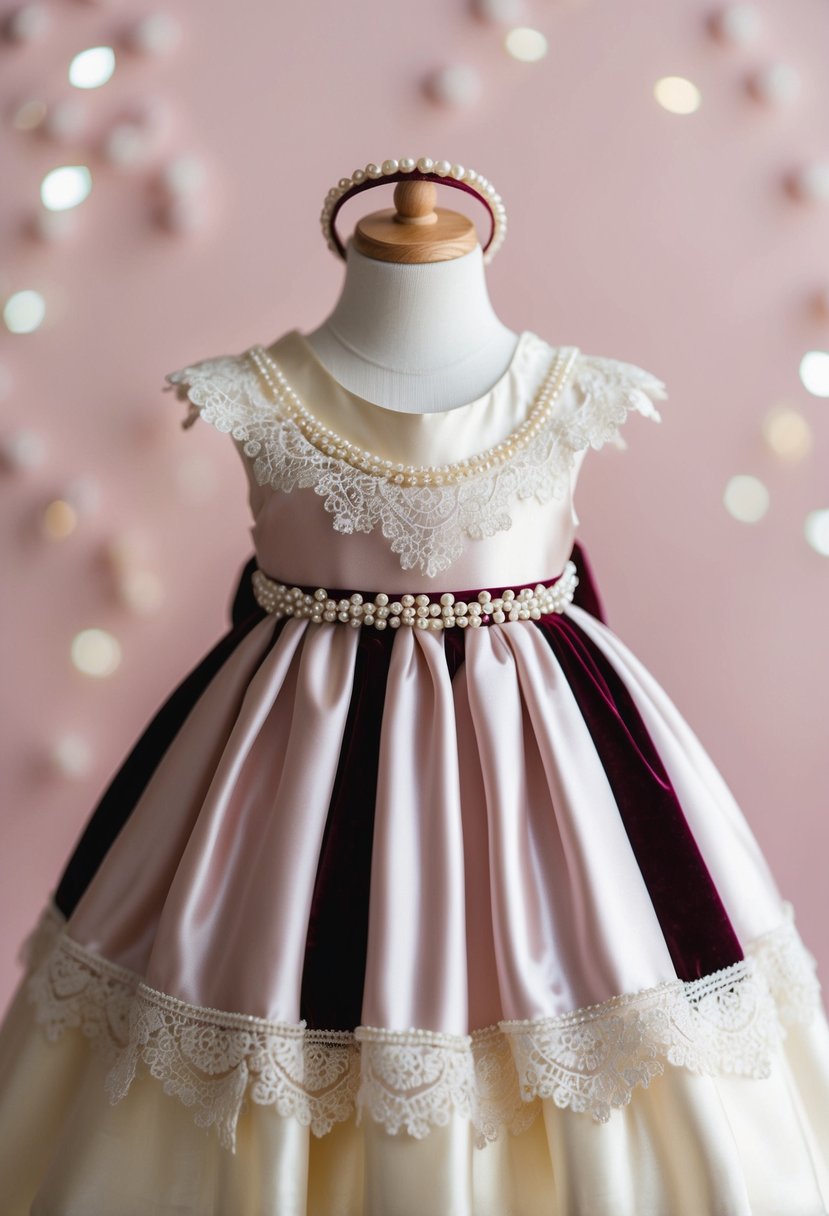 A delicate satin and velvet dress with lace accents, adorned with tiny pearls and a matching headband, displayed on a soft, pastel background