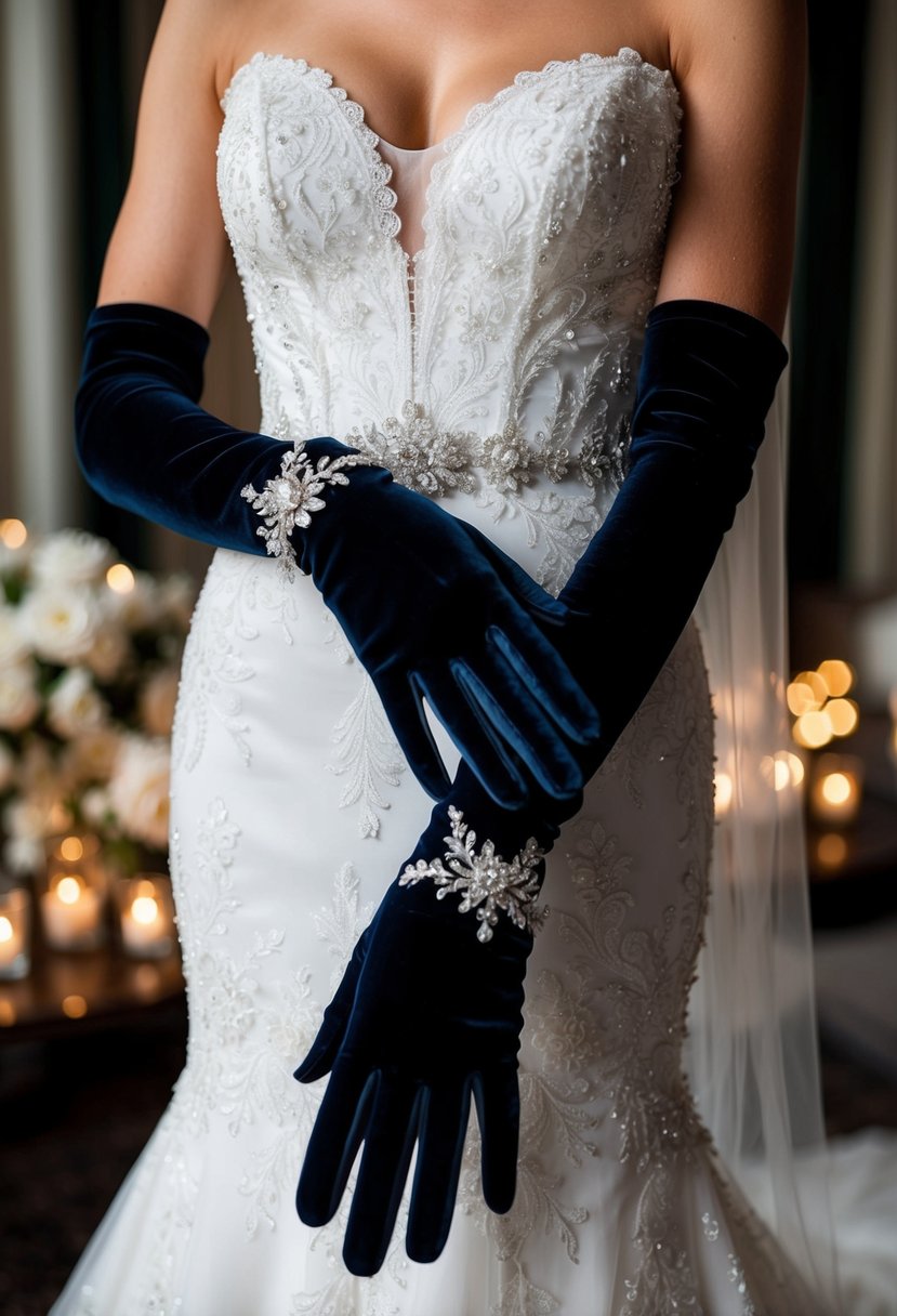 A luxurious wedding dress adorned with velvet gloves, exuding elegance and glamour