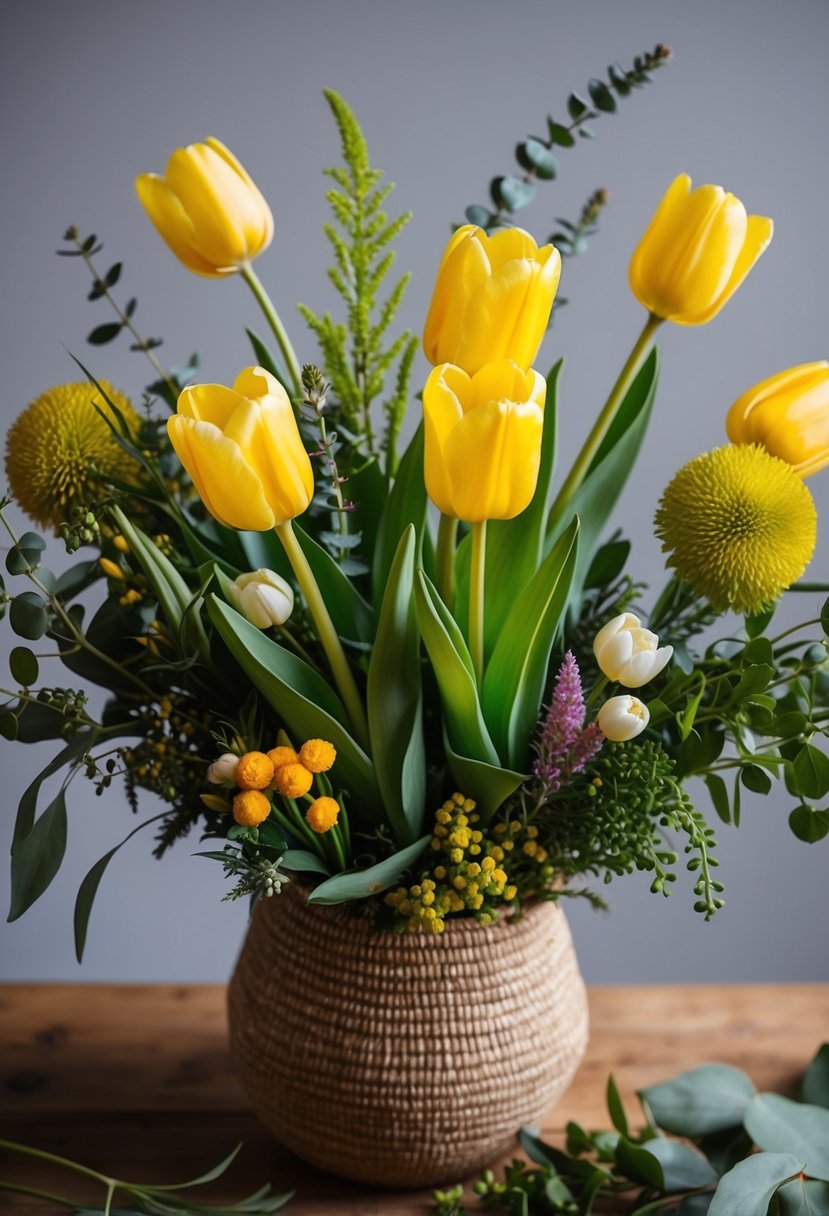 A vibrant yellow tulip arrangement in a bohemian style, with assorted greenery and other complementary flowers, set in a rustic vase or basket