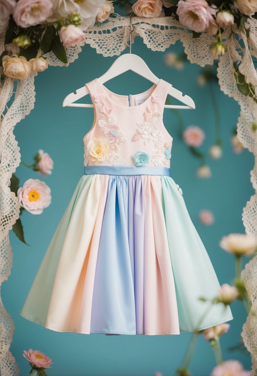 A soft pastel color block dress hangs from a tiny hanger, surrounded by delicate lace and flower details