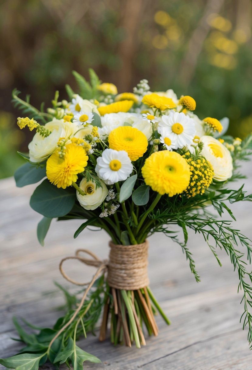 A rustic wedding bouquet featuring chamomile and ranunculus flowers in shades of yellow, tied with twine and adorned with trailing greenery