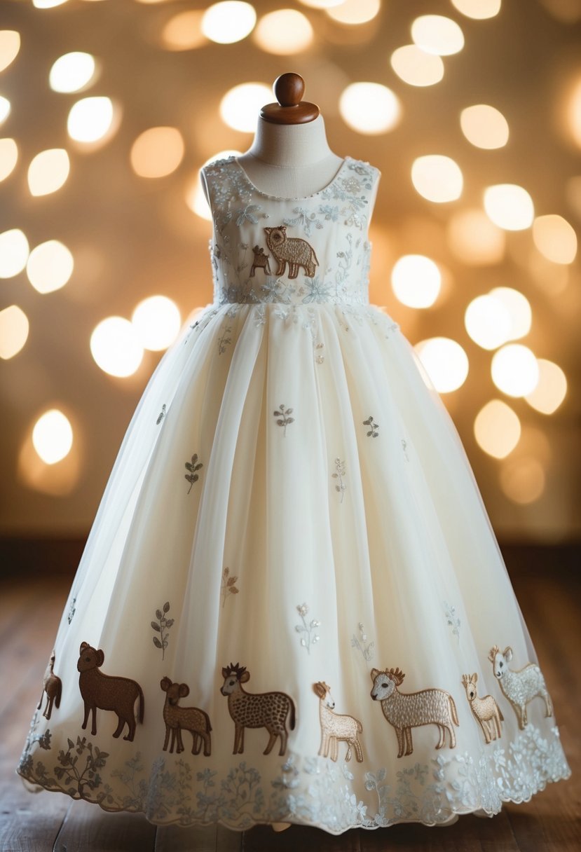 A delicate gown adorned with embroidered animals, perfect for a 6-month-old baby girl's wedding attire