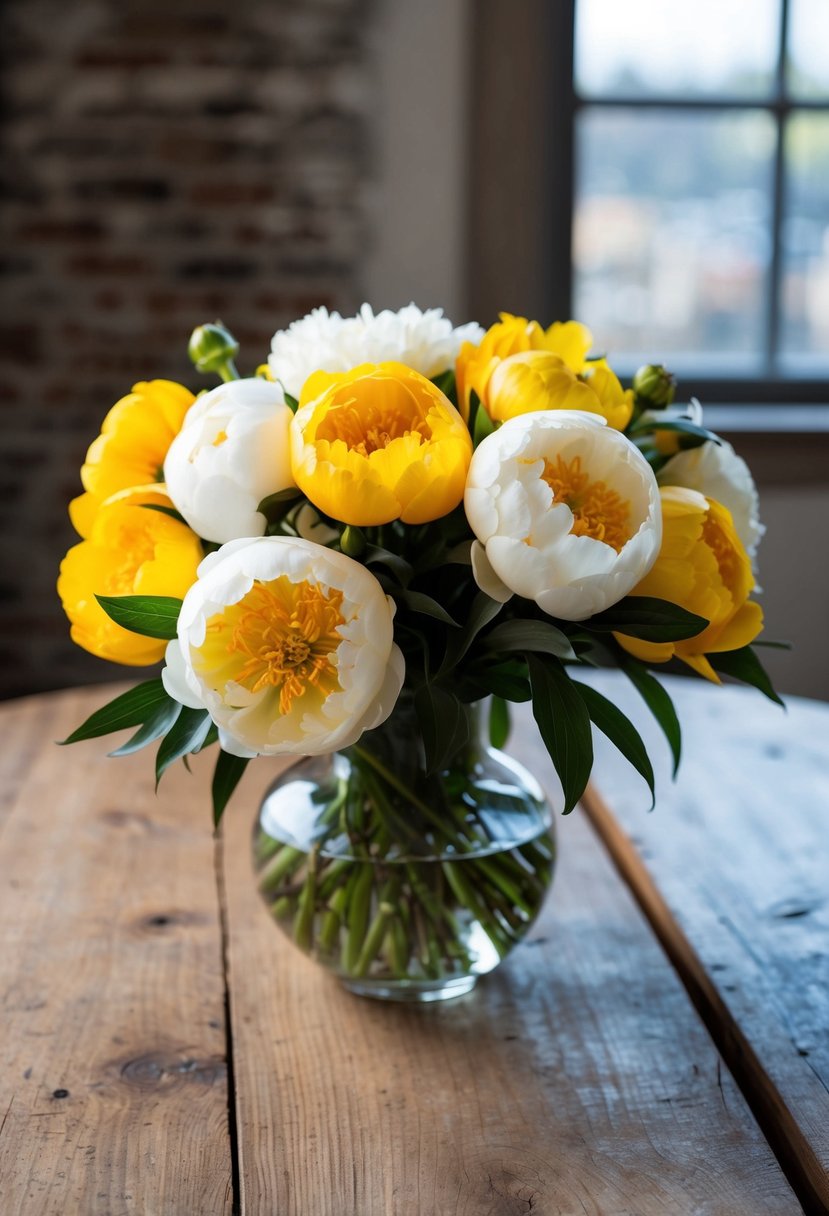 A vibrant yellow and white peony mix bouquet sits in a clear glass vase on a rustic wooden table