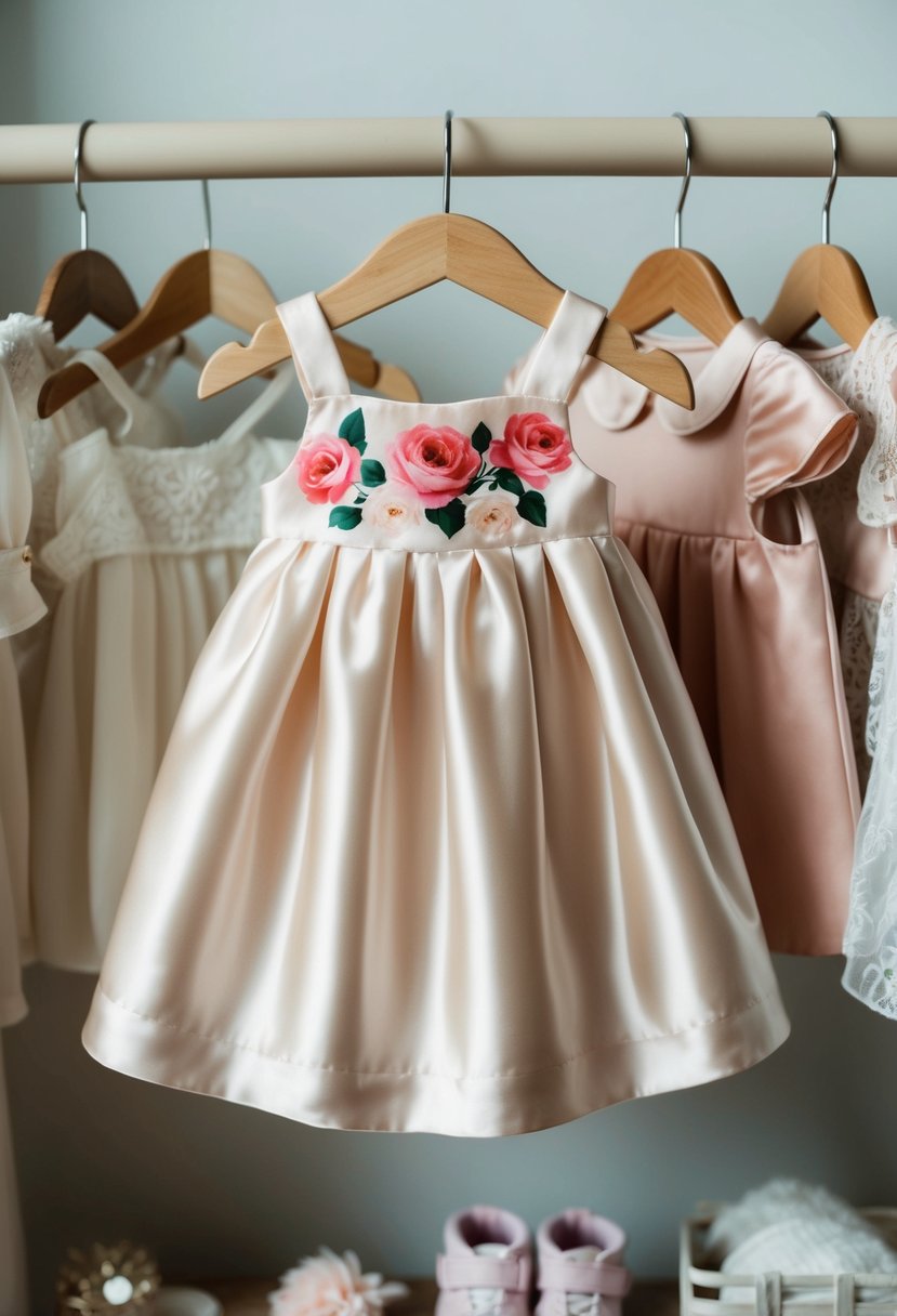 A delicate satin dress with a rose print, displayed on a hanger in a softly lit room, surrounded by other baby clothing and accessories