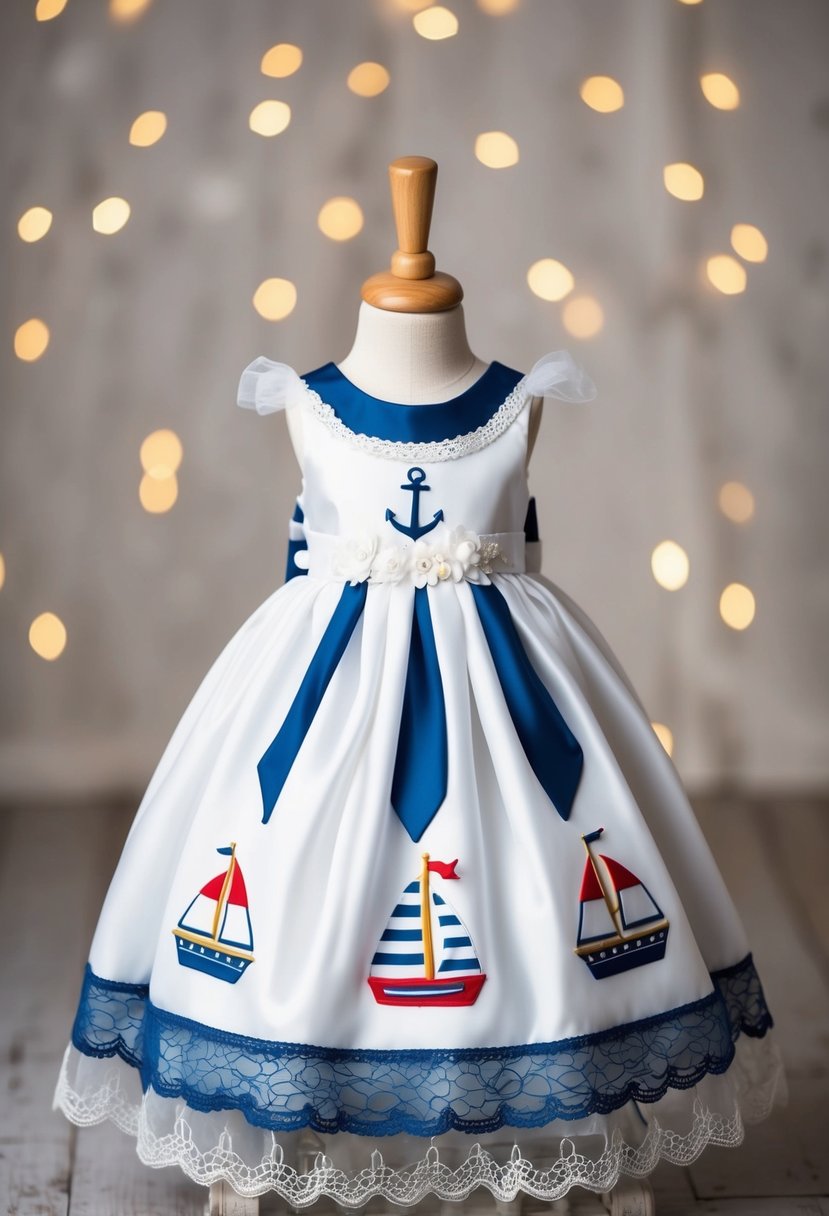 A baby girl's nautical-themed wedding dress, featuring anchor and sailboat motifs, with a flowing skirt and delicate lace details