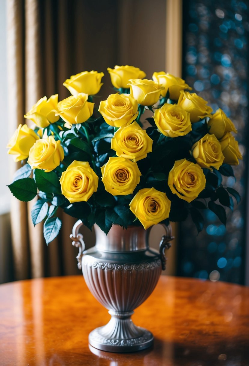 A vibrant bouquet of yellow silk roses arranged in an elegant vase