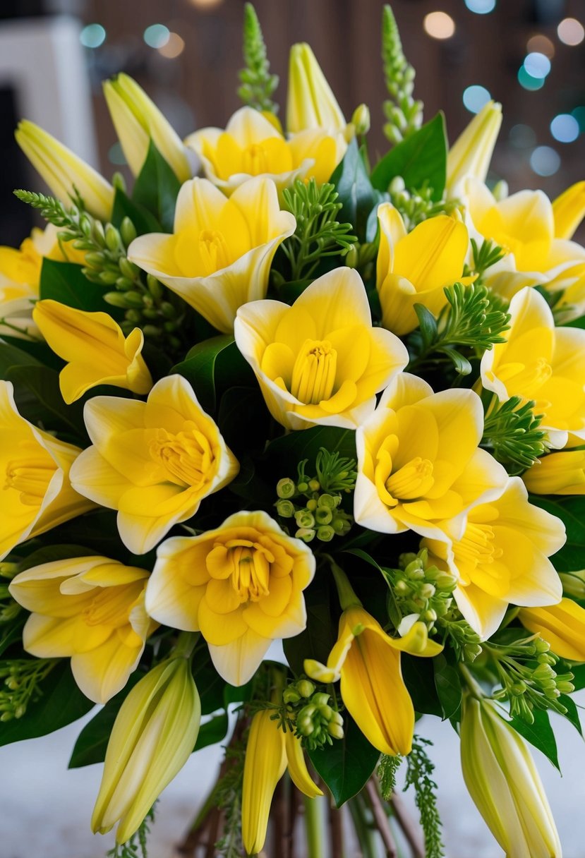 A vibrant bouquet of yellow freesias and alstroemerias arranged in a round, cascading style, with green foliage accents