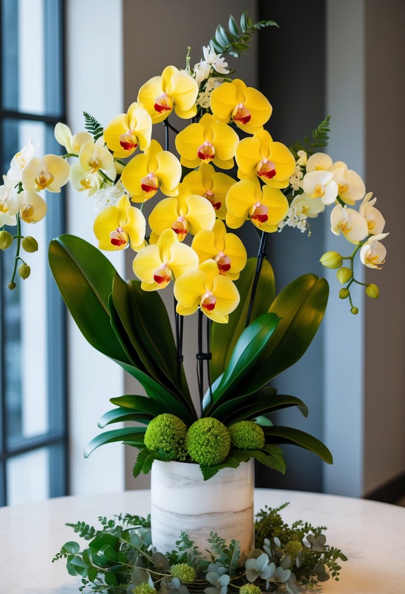 A vibrant yellow orchid bouquet arranged in a stylish and modern manner, with elegant green foliage and delicate accents