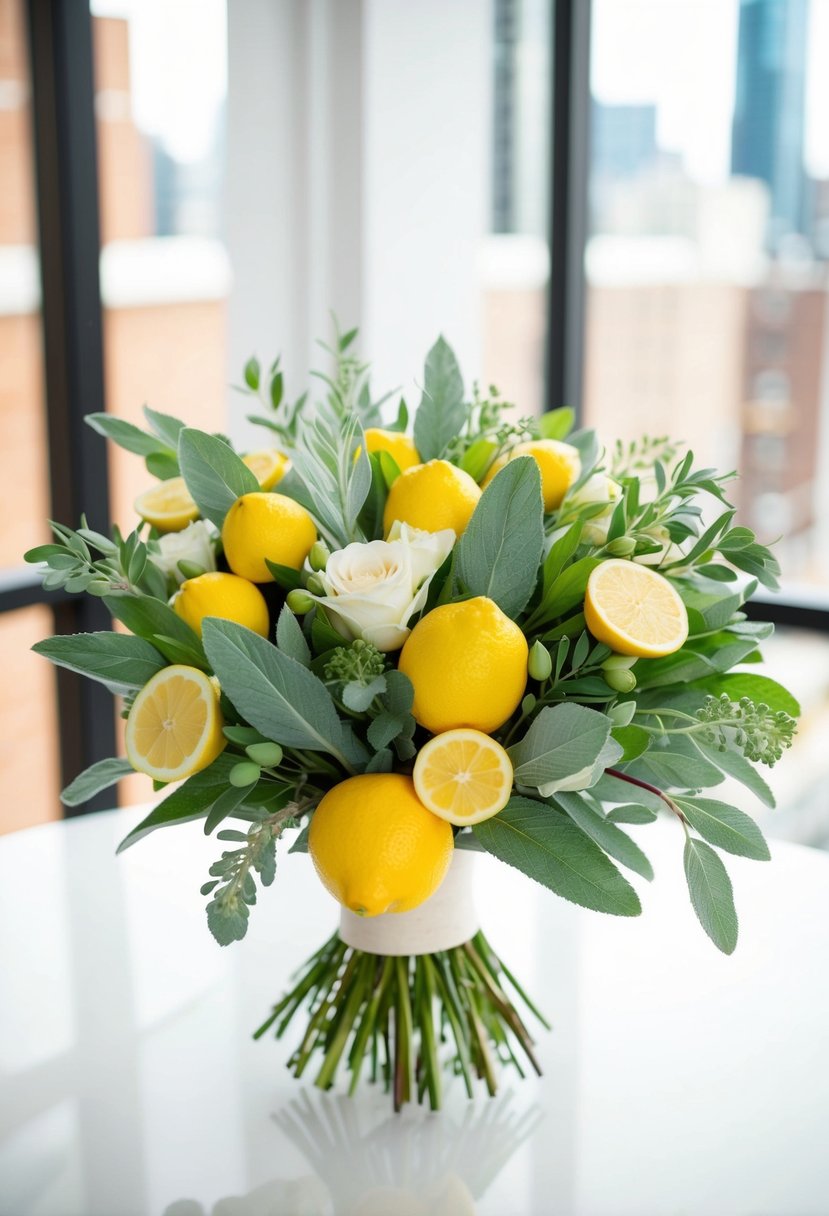 A vibrant lemon and sage floral bouquet arranged in a chic, modern style