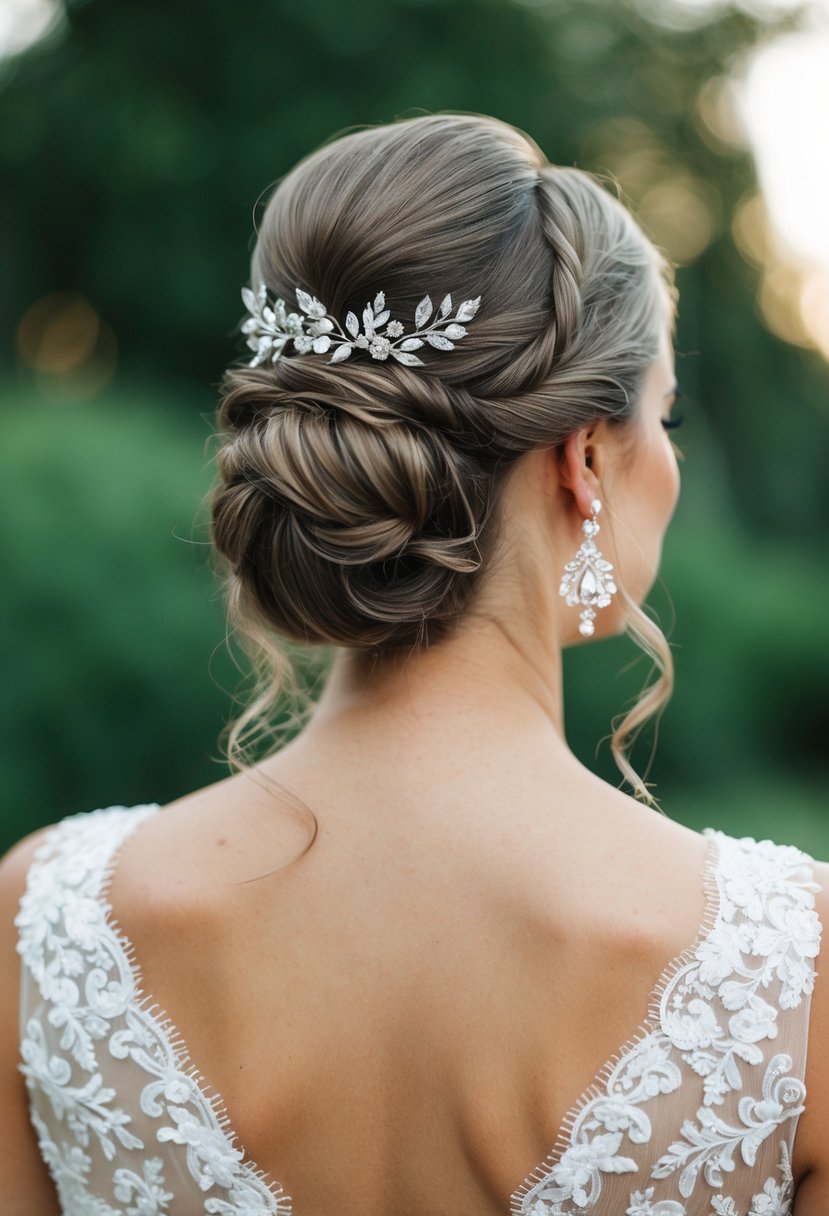 A bride's low bun adorned with elegant wedding earrings