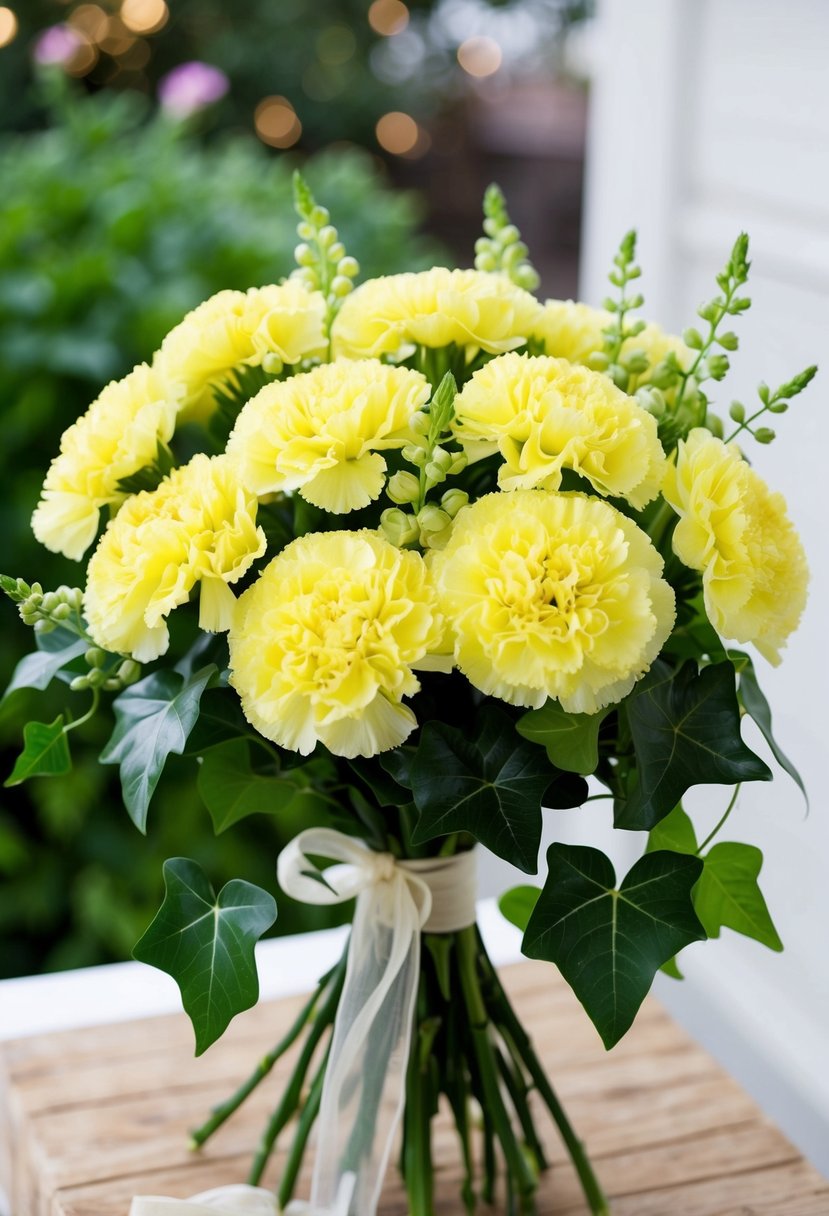 A lush bouquet of sweet yellow carnations and ivy, tied with a delicate ribbon