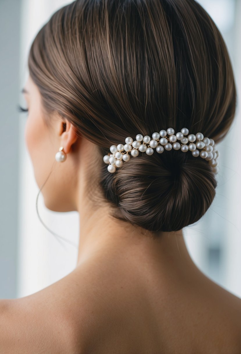 A close-up of elegant pearl studs nestled in a low bun hairstyle, with a soft focus on the intricate details