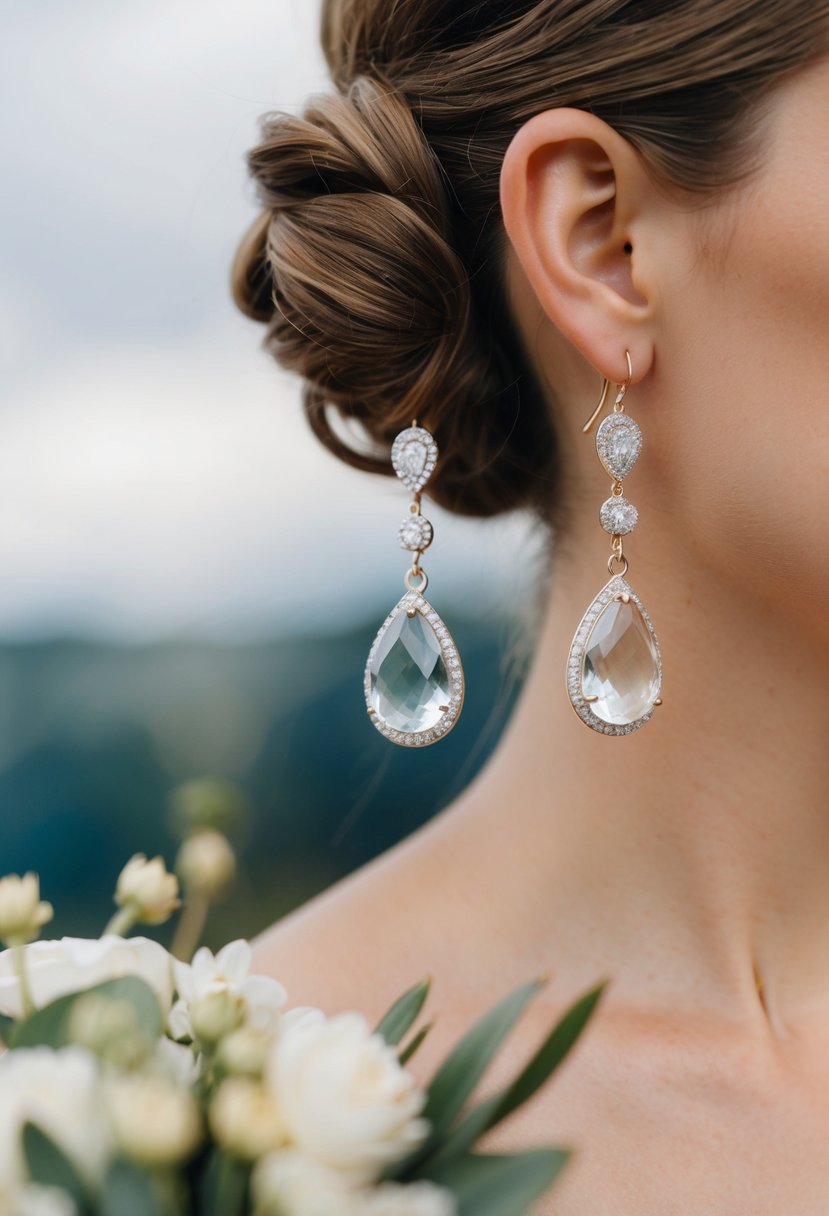 A pair of elegant teardrop dangler earrings hanging from a low bun hairstyle, perfect for a wedding