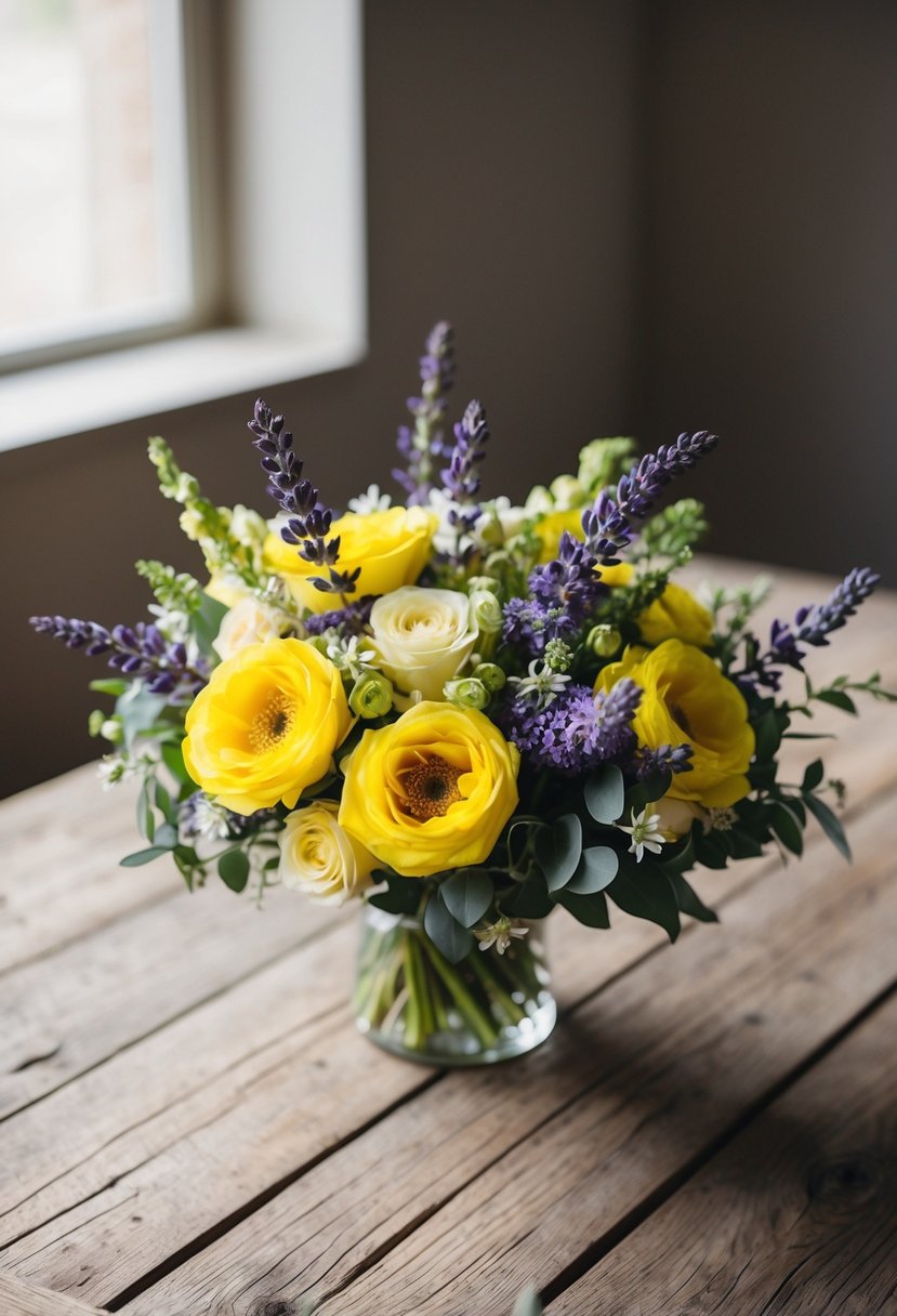 A classic yellow and lavender bouquet sits on a rustic wooden table, surrounded by soft natural light