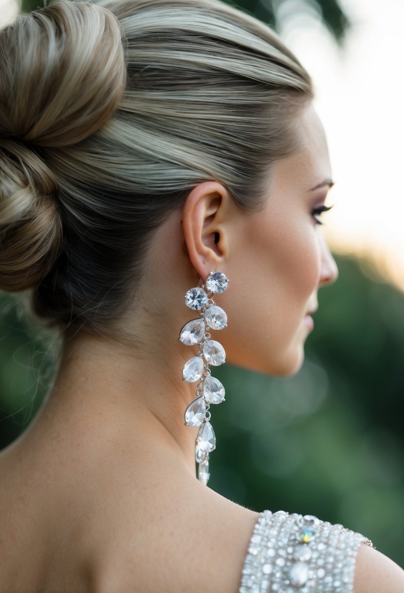 A close-up of a low bun with elegant Swarovski crystal cluster earrings cascading down the side