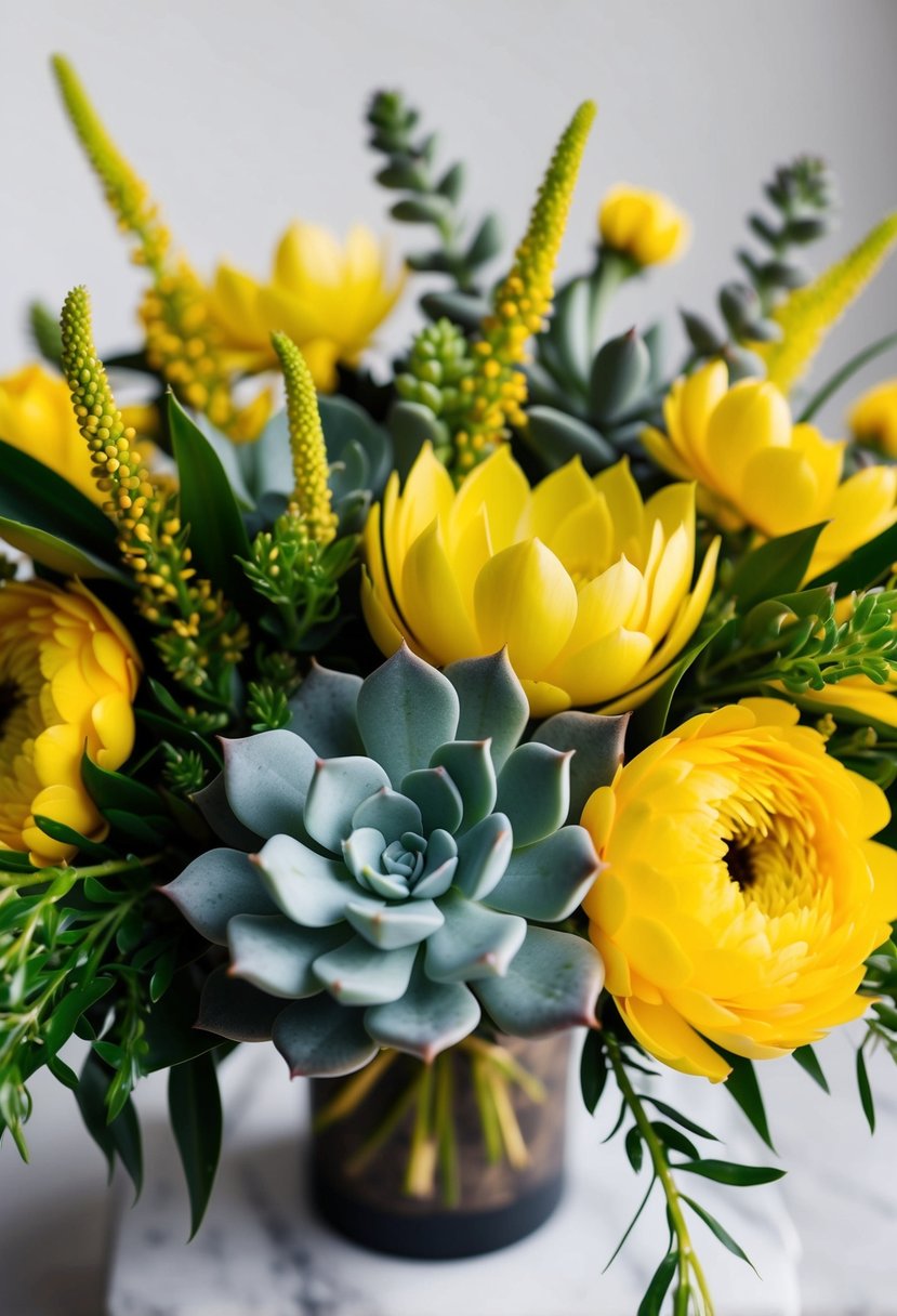 A modern yellow succulent bouquet with pops of vibrant yellow flowers and greenery, arranged in a stylish and elegant manner