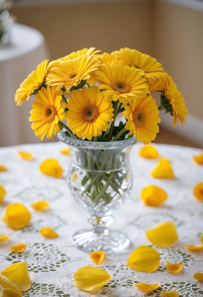 A vibrant golden yellow Gerbera daisy bouquet sits in a crystal vase on a white lace tablecloth, surrounded by scattered rose petals