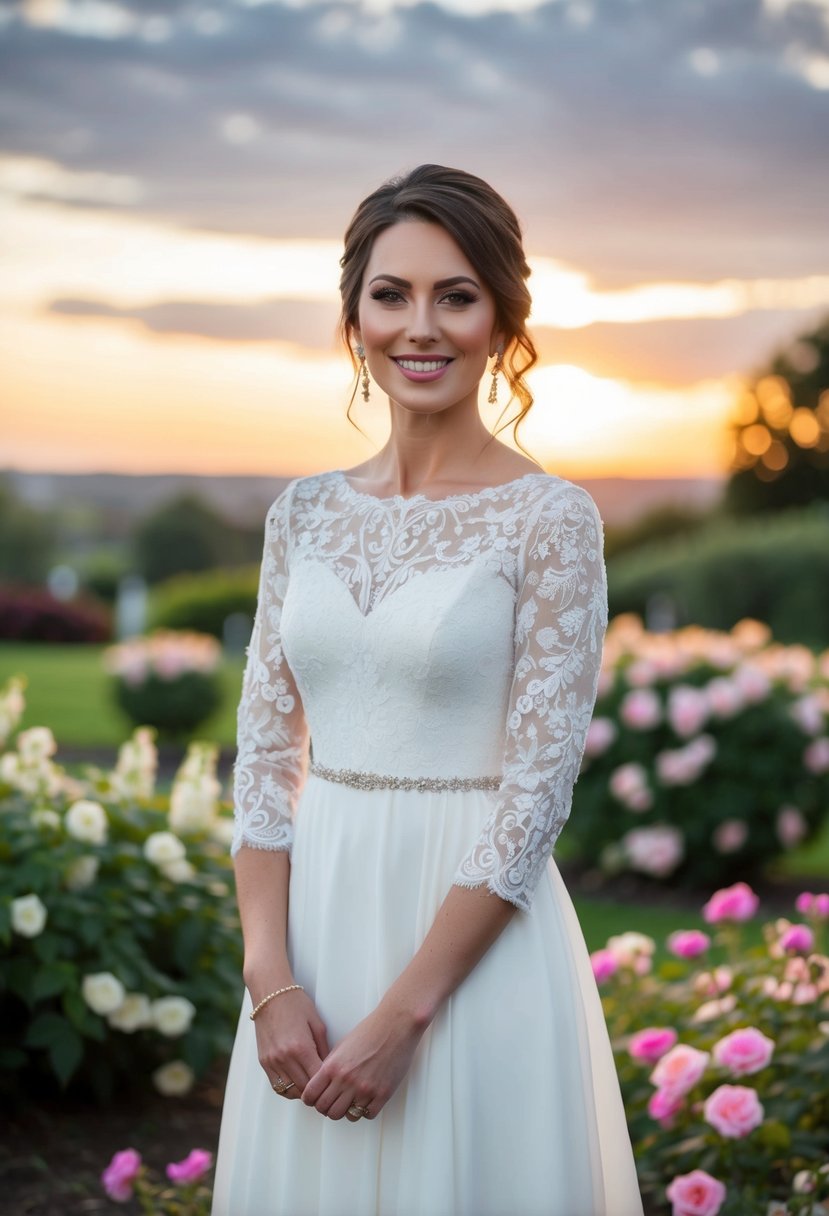 A woman in a 3/4 sleeve wedding guest dress, standing in a garden with blooming flowers and a picturesque backdrop of a sunset