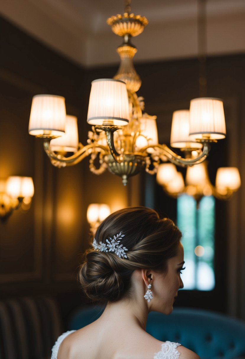 A dimly lit room with vintage-inspired chandeliers casting a warm glow, showcasing elegant low bun wedding earrings