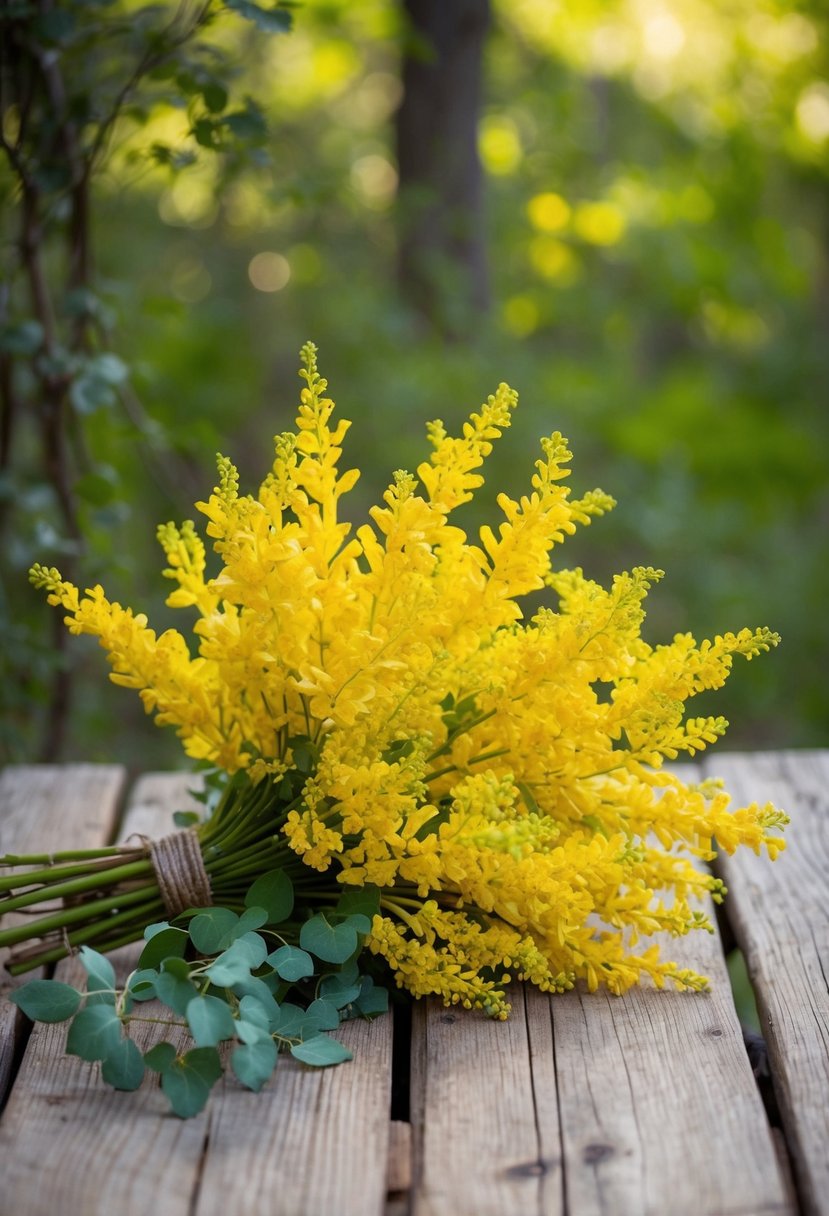 A vibrant yellow aspen flower bouquet rests on a rustic wooden table, surrounded by delicate green foliage and soft natural light