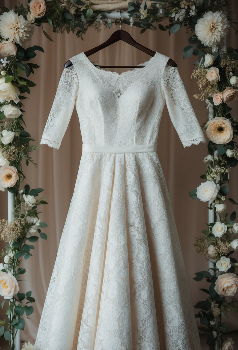 An elegant lace A-line dress with 3/4 sleeves hanging on a hanger, surrounded by delicate accessories and floral decor