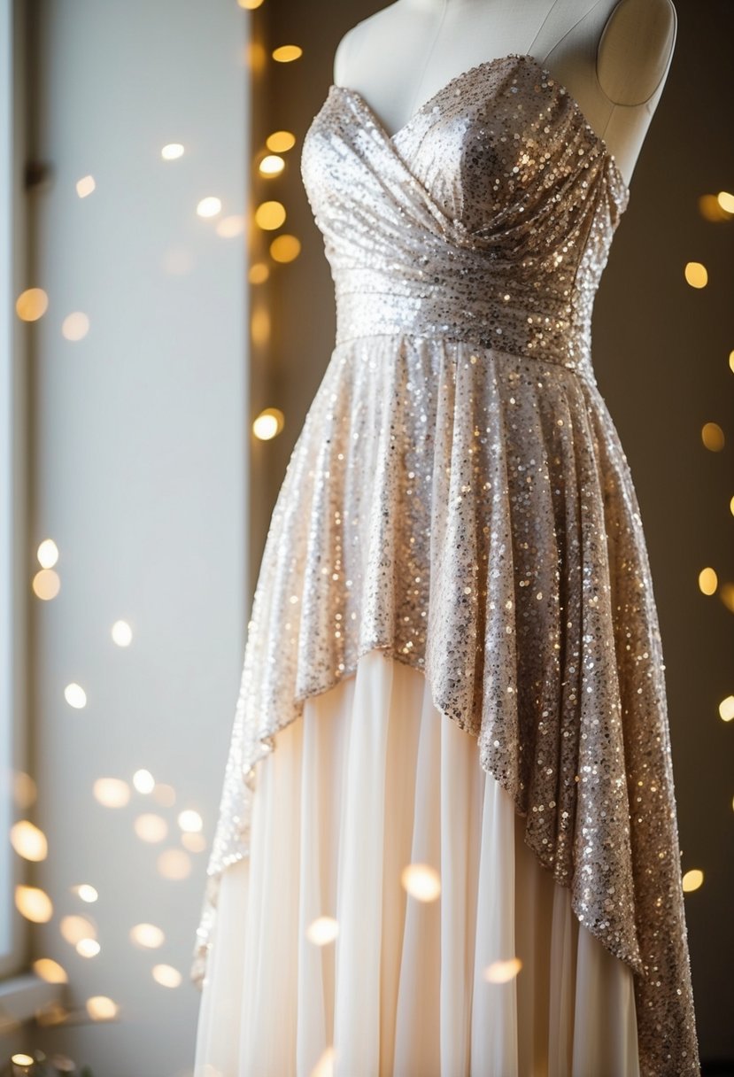 A shimmering sequin and chiffon gown hangs on a dress form, catching the light and flowing gently to the floor