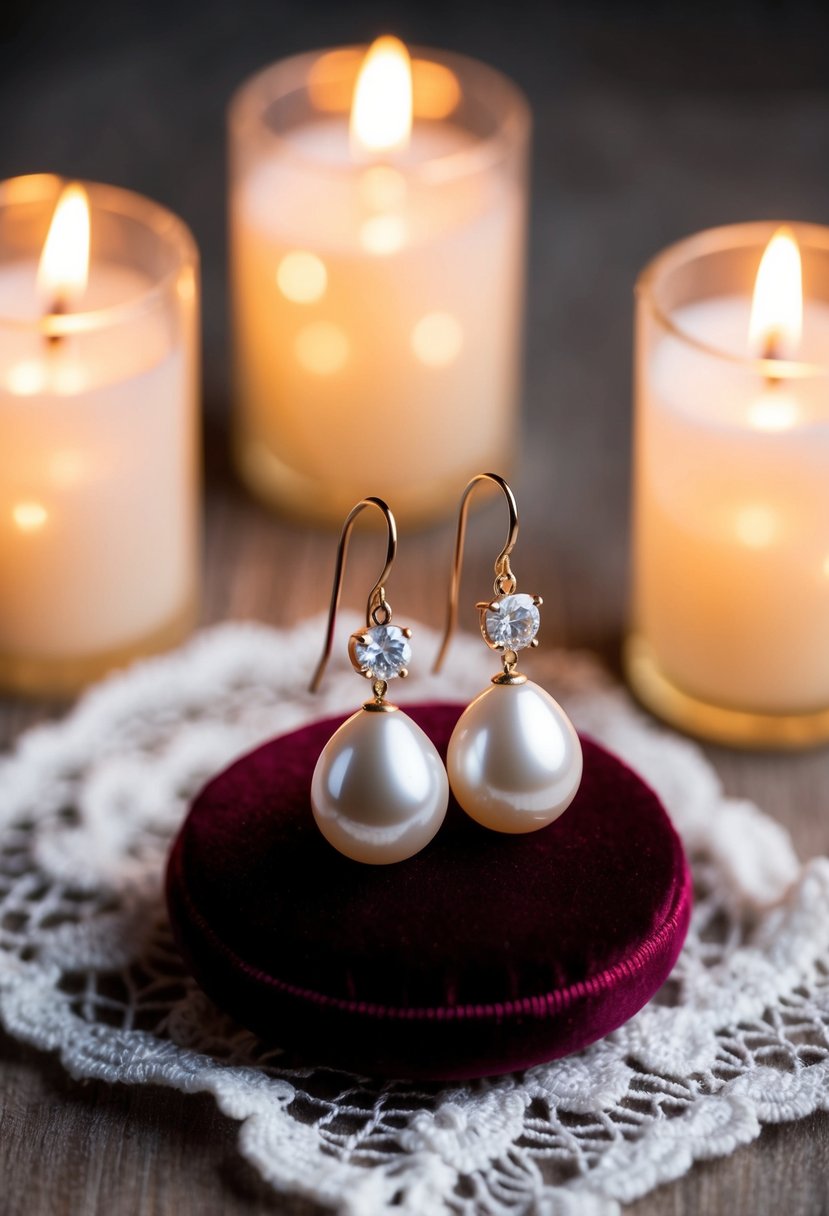 A pair of lustrous pearl drop earrings rest on a velvet cushion, surrounded by delicate lace and shimmering in soft candlelight