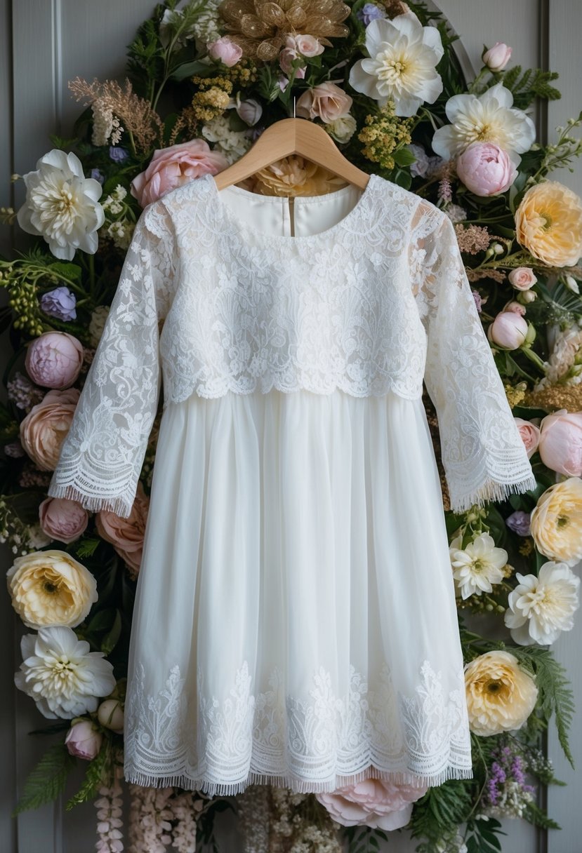 A delicate lace mock dress with 3/4 sleeves hangs on a hanger, surrounded by floral embroidery and intricate details