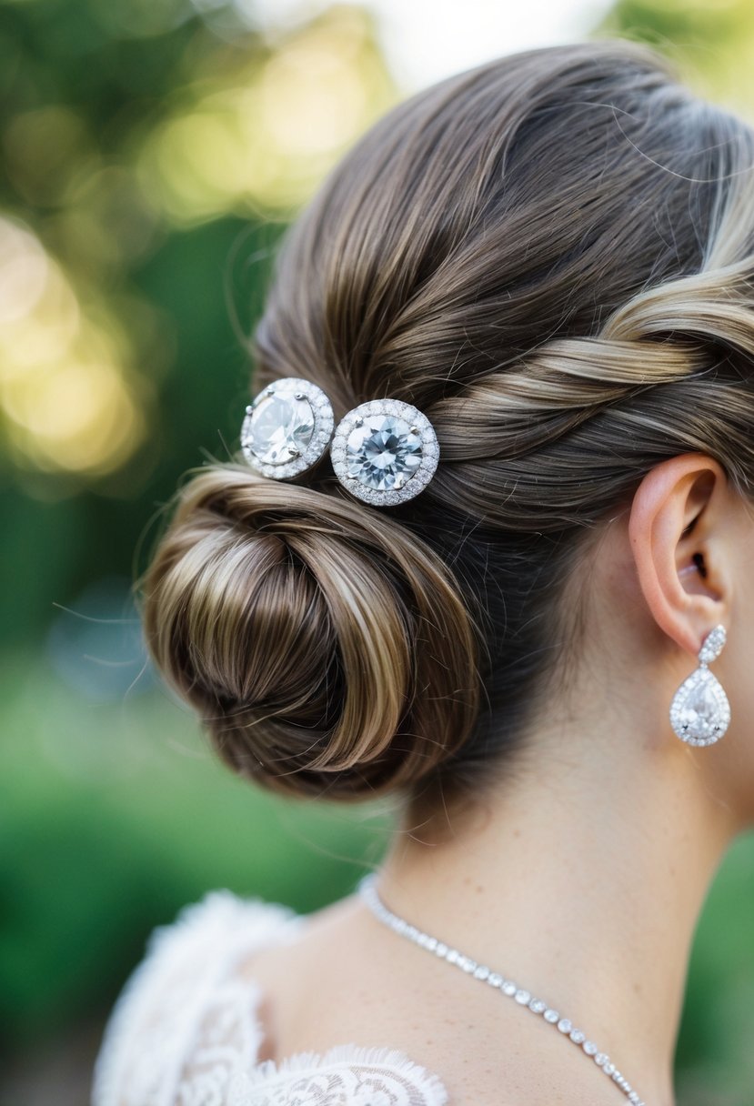 A close-up of sparkling diamond huggie earrings nestled in a low bun hairstyle, perfect for a wedding