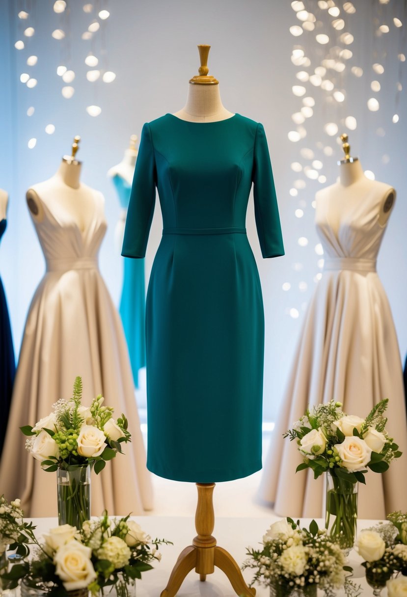 A chic midi dress with 3/4 sleeves displayed on a mannequin, surrounded by elegant wedding guest accessories