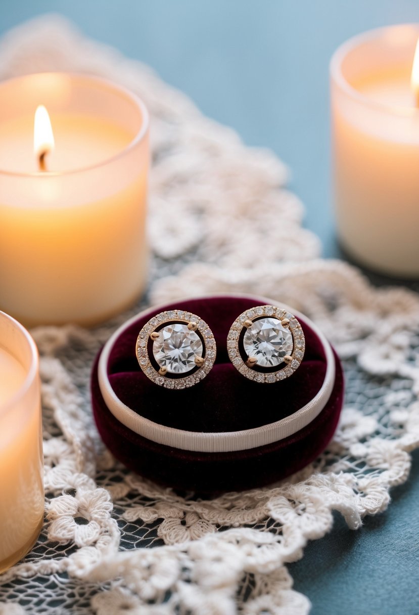 Two elegant halo stud earrings resting on a velvet cushion, surrounded by soft candlelight and delicate lace fabric