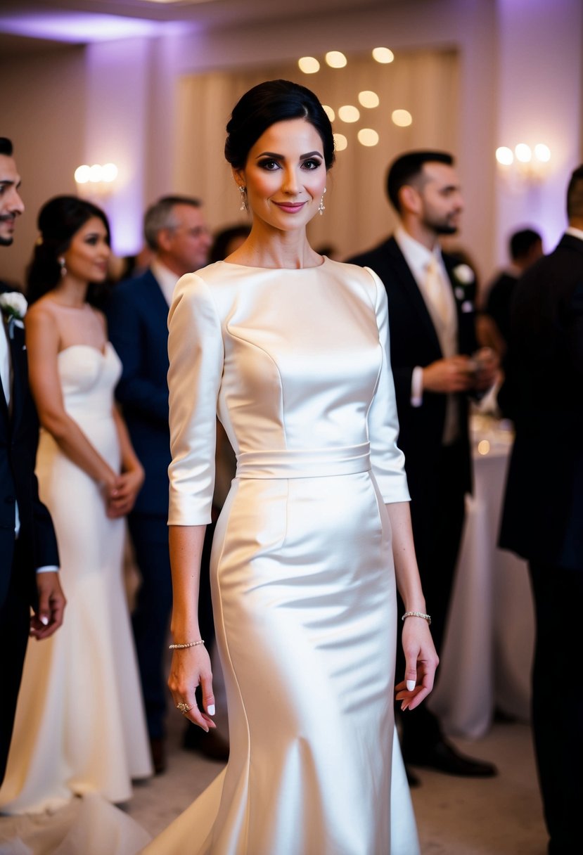 A woman in a sophisticated satin gown with 3/4 sleeves, standing elegantly at a wedding reception, surrounded by other well-dressed guests