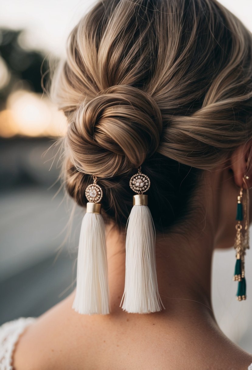 A close-up of bohemian tassel earrings nestled in a low bun hairstyle, with soft lighting and a romantic atmosphere