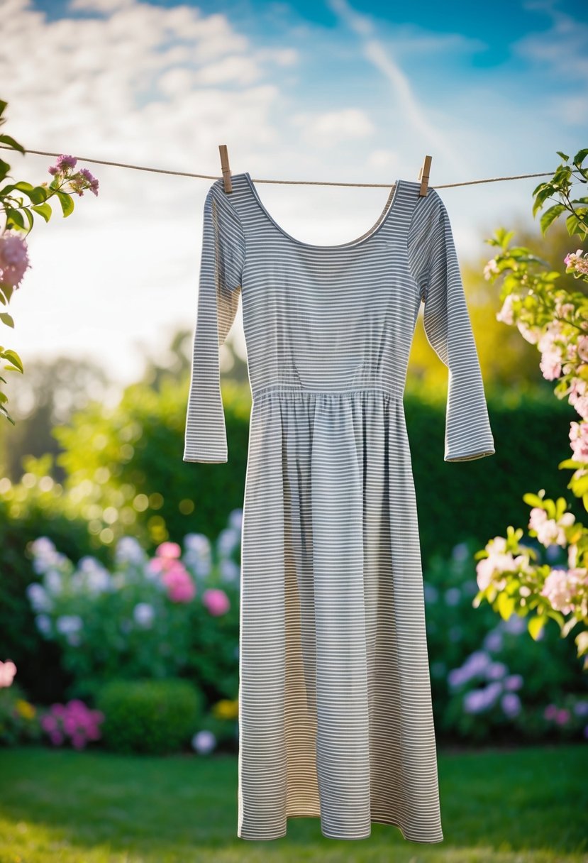 A 3/4 sleeve maxi dress hanging on a clothesline in a garden with blooming flowers and a sunny sky