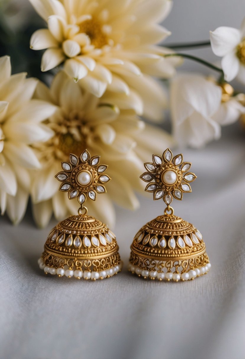 A pair of ornate gold and pearl wedding earrings, inspired by traditional Indian design, adorned with intricate patterns and delicate details