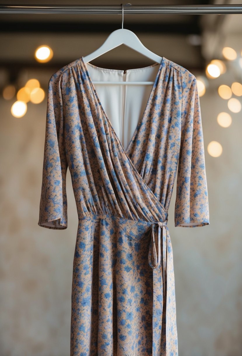 A floral wrap dress hangs on a hanger, with soft, flowing fabric and a delicate 3/4 sleeve design