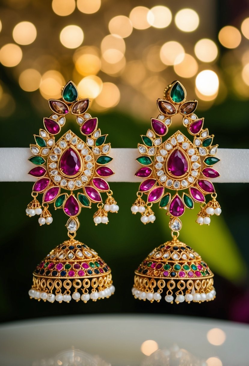 A traditional Indian bride's earrings, featuring intricate Kundan Chandbali design, with colorful gemstones and delicate gold filigree