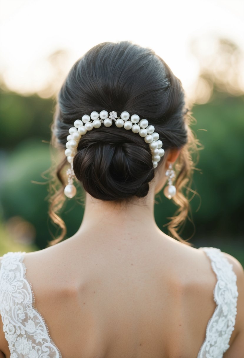 A bride's low bun adorned with timeless pearl huggie earrings