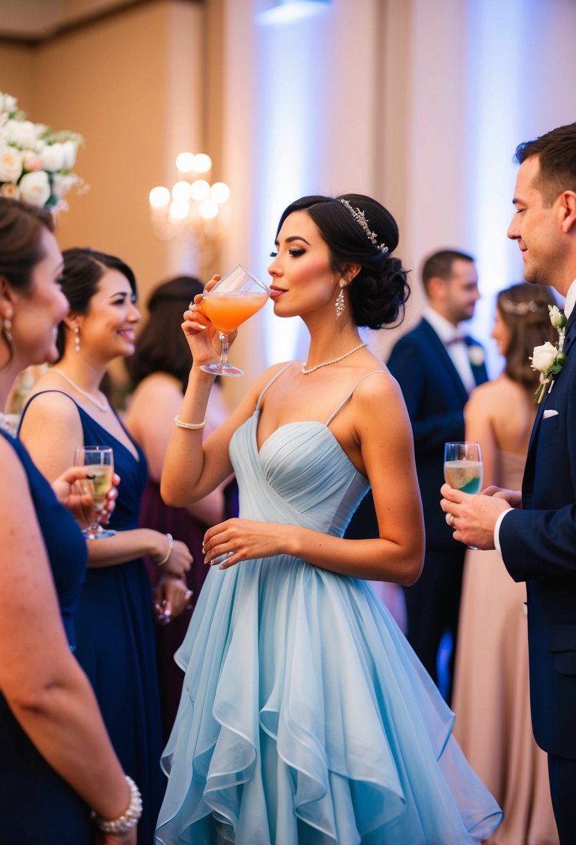 A woman in a flowing tea dress sips a cocktail at a wedding reception, surrounded by other elegantly dressed guests