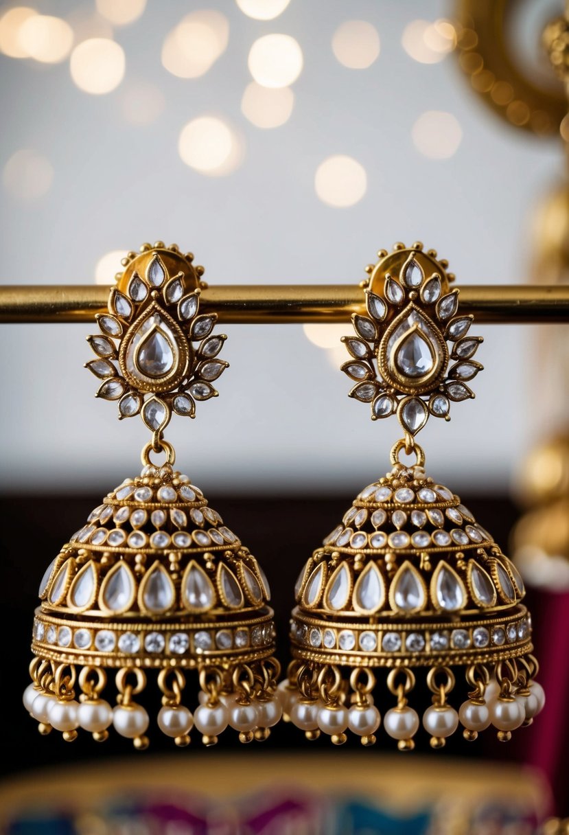 A pair of intricate Jhumka earrings adorned with delicate pearls, reflecting the elegance and tradition of Indian bridal jewelry