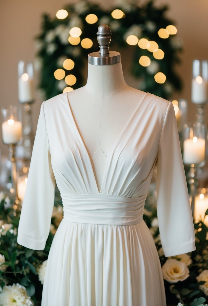 A mannequin wearing a V-neck swing dress with 3/4 sleeves, surrounded by elegant wedding decor